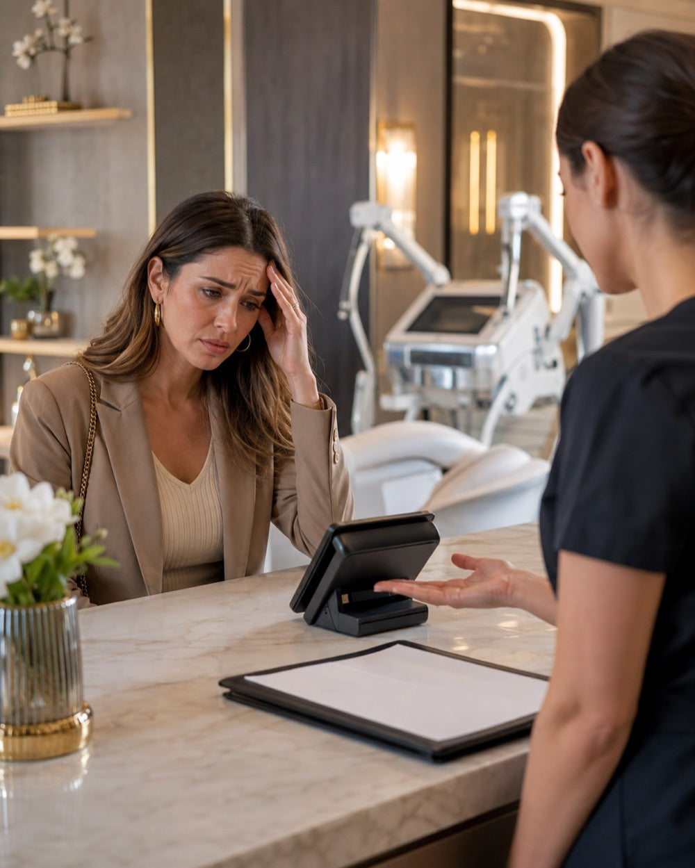 Woman looking worried at the price on the card reader at a clinic reception desk