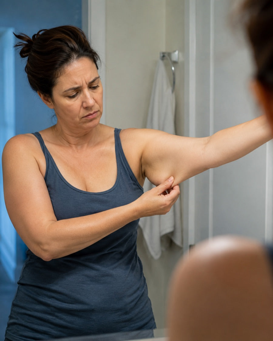 Woman pinching loose, crepey skin on her upper arm in the mirror