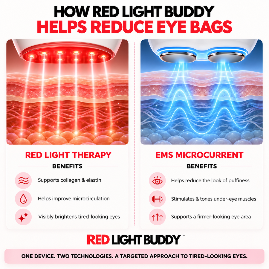 Diagram of the two modes of the Eye Snatcher Buddy, red light therapy and EMS microcurrent
