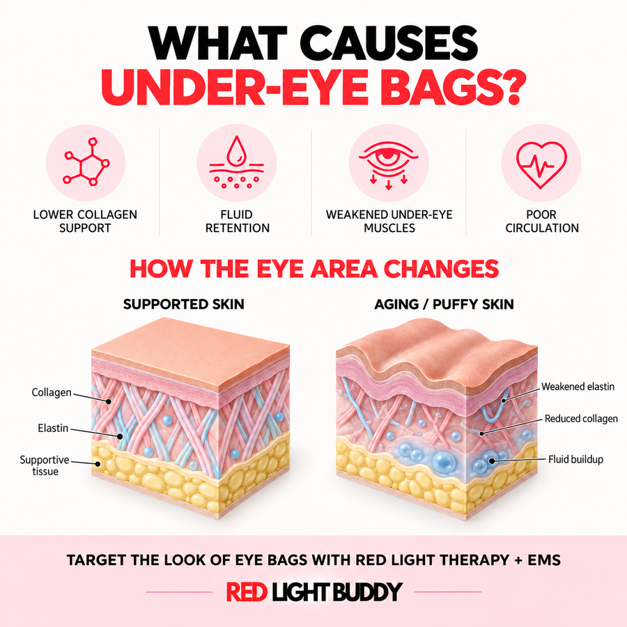 Diagram of what causes under-eye bags and how the skin under the eye changes with age