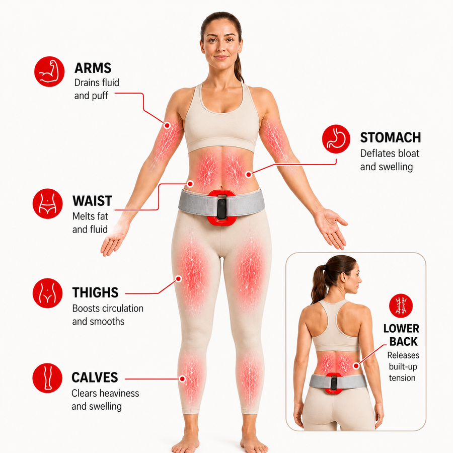 The six zones the Slimming Massage Ring treats: arms, stomach, waist, thighs, calves and lower back